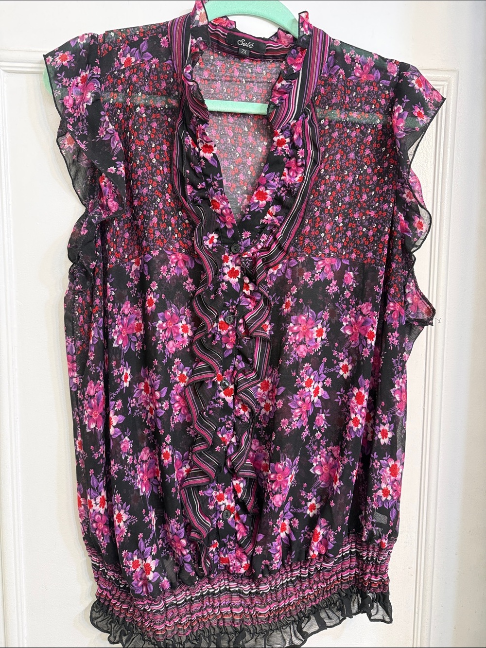 Sleeveless Floral Ruffle Blouse - Black with Pink & Purple Flowers